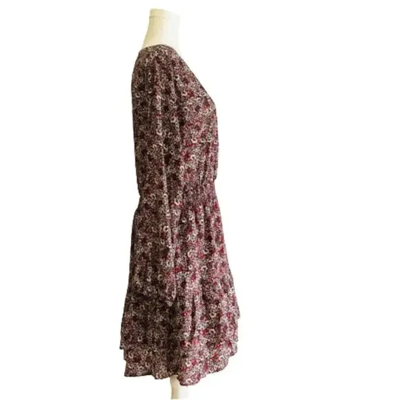 Nine Britton Dress Annika Red Burgundy Floral V-Neck Long Sleeve Tiered Large - Picture 5 of 13